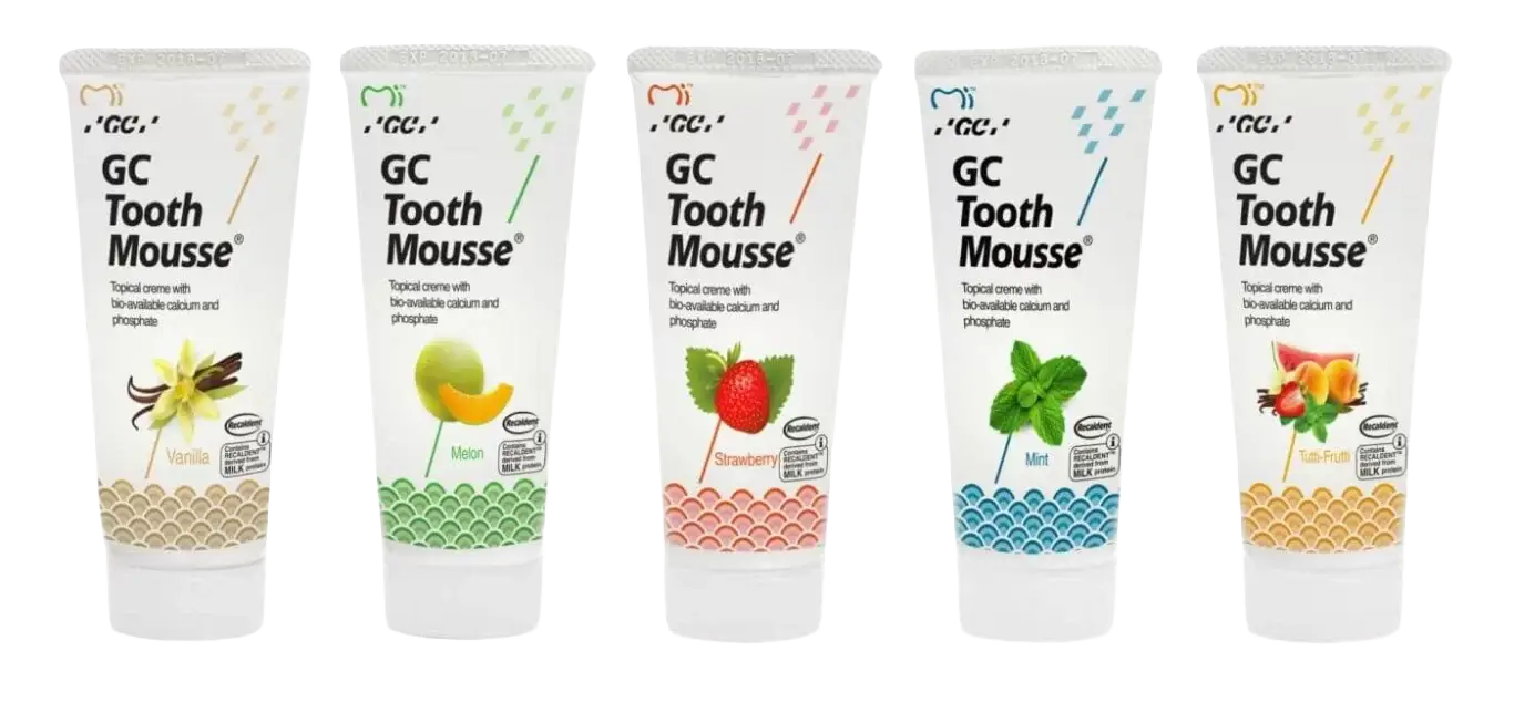 Pieci GC Tooth Mousse remineralizējošā gēla garšu varianti